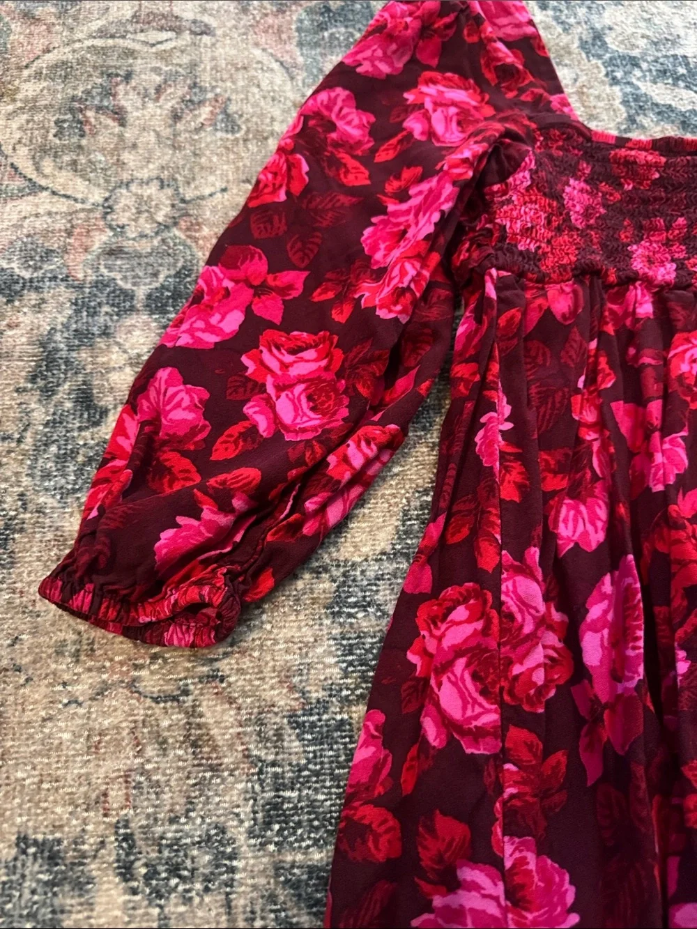 GAP Burgundy Dress with Bright Pink Floral Pattern